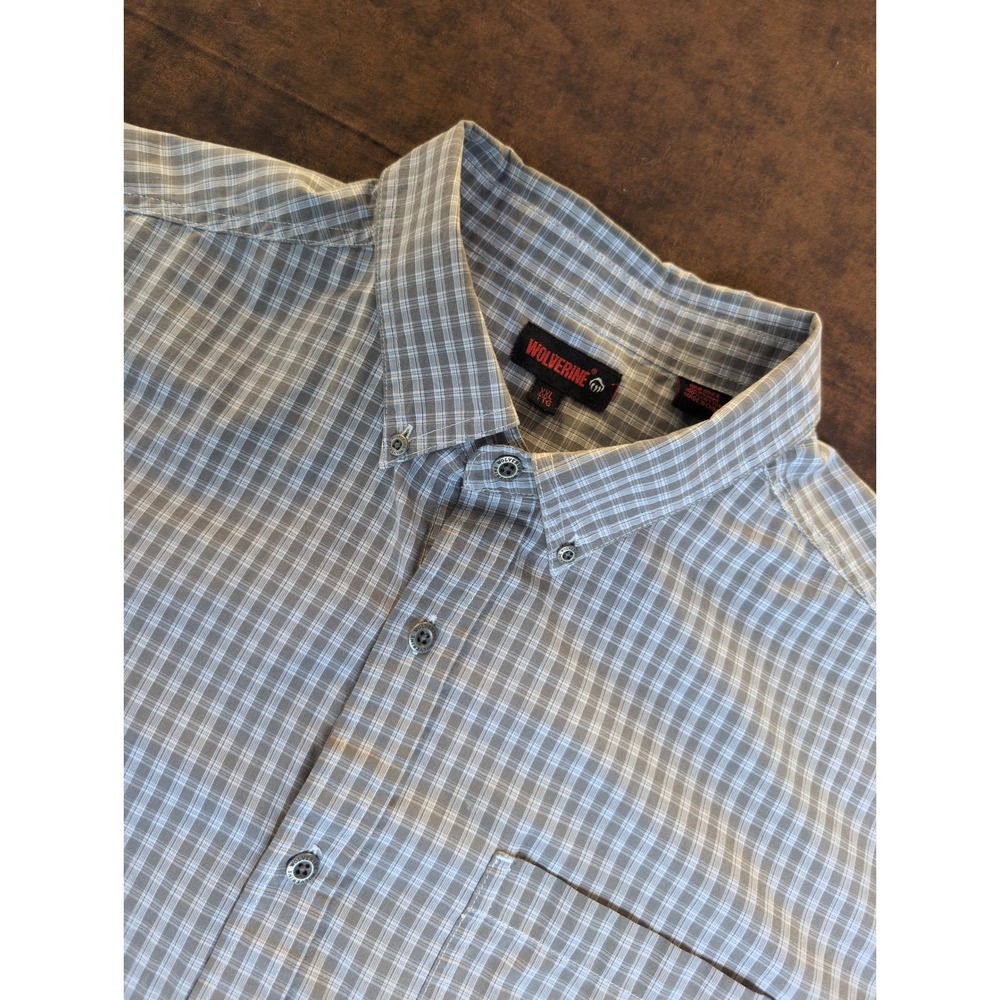 Wolverine Mens XXL Short Sleeve Plaid Button Down Work Shirt Grey White Cotton